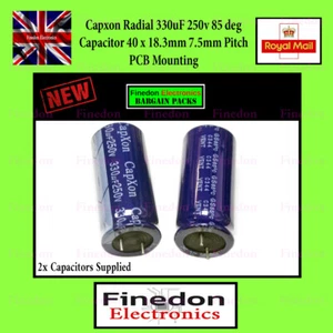 2x Capxon 330uF 250V 85 deg PCB 40 x 18.3mm 7.5mm Pitch Electrolytic Capacitor - Picture 1 of 1