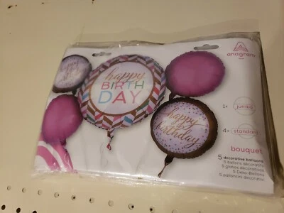 Anagram 5PC Balloon Bouquet Happy Birthday Foil and Standard New and Sealed - Image 1 of 3
