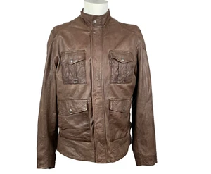 LUCKY BRAND Black Label Brown Leather Jacket Large Zip Cuffs Snap Placket NICE - Picture 1 of 13