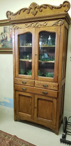 Antique Kitchen DIning China Cabinet Cupboard Oak Wood Nice! Cover