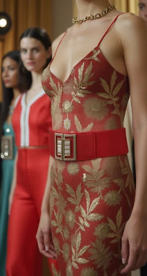 Mujeres Rojo Elástico Ancho Moda Aspecto Especial Cinturón Bling Metal Hebilla Cuadrada S M Foto 1 de 4