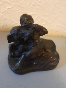 Heredities Cast Bronzed Figurine Of Boy Playing with his Dog 4 Inches Tall - Picture 1 of 10