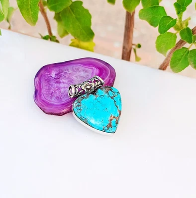 Colgante Corazón Turquesa Plata de Ley 925 Hecho a Mano Piedras Preciosas Joyería 1.37" Foto 1 de 4