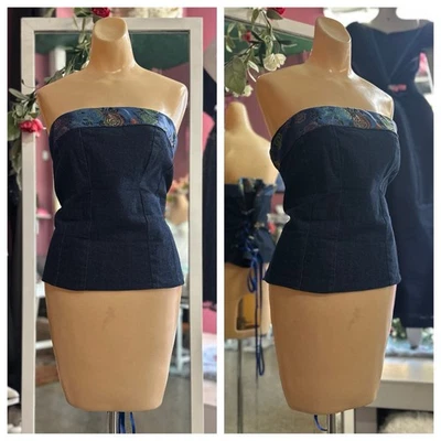 Vintage Y2K 2000s Denim Satin Corset Top Strapless Lace Up Floral Asian L/XL - Image 1 of 4