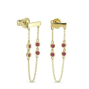14k Yellow Gold Horizontal Bar Drop Stud Ruby Chain Earrings Jewelry for Women's - Picture 1 of 3