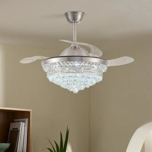 Crystal Ceiling Fan with LED Light Retractable Blade Chandelier Lamp +Remote - Picture 1 of 9