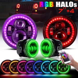 2X 7'' RGB LED Headlights + 4 '' LED Fog Lights DRL for Jeep Wrangler JK TJ LJ - Picture 1 of 11