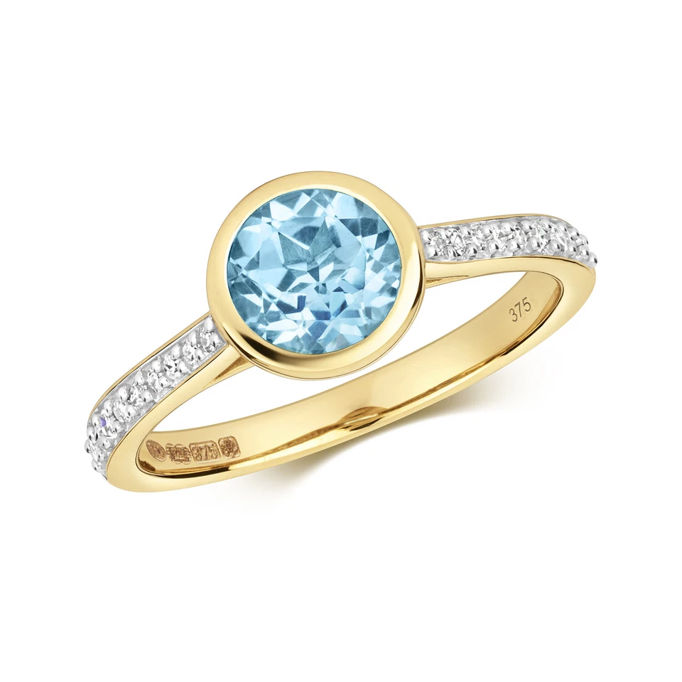 Bague Solitaire Femme Or Jaune 9 k/carat et Diamant 0.12 Carat avec Topaze Bleu - Photo 1/1