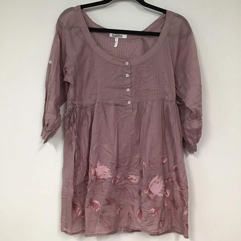 Monoreno 女式玫瑰粉色半透明刺绣束腰外衣 3/4 卷袖小号 — 第 1/4 张图片