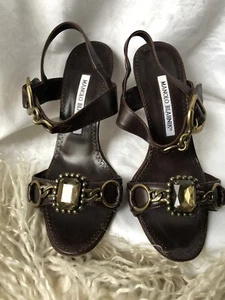 Manolo Blahnik Brown Stitched Leather Buckled Strappy High Heel Sandals SZ 35.5! - Picture 1 of 12