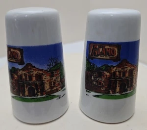 Vintage Mid Century Salt & Pepper Shakers Texas Alamo Blue Souvenir Ceramic - Picture 1 of 7