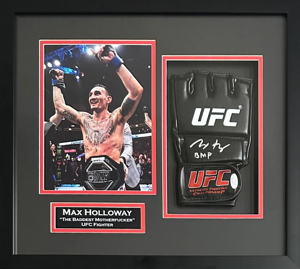 Max Holloway autographed inscribed signed framed glove UFC JSA COA Blessed - Image 1 of 2