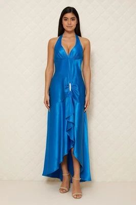 Vintage Blondie Nites Prom Dress Gown Blue Y2K Glam Ruffle Bow Halter Satin 3 - Image 1 of 4