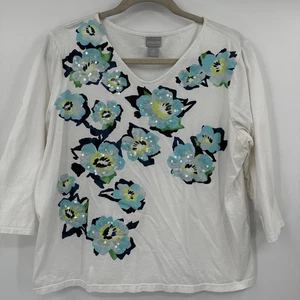 Chicos White V Neck 3/4 Sleeve Top Floral Sequins Embellished Size 2 L - Picture 1 of 9