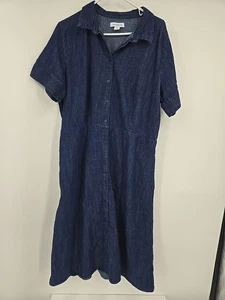 Liz Claiborne Short Sleeve Dark Blue Denim Casual Long Dress Full Button Size 18 - Picture 1 of 4