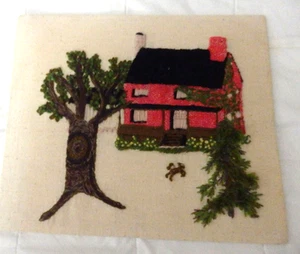 Embroidered Summer House & Yard Scene Picture NOT Framed 11” X 13" Vintage - Picture 1 of 3