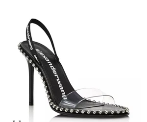 Alexander Wang Nova Crystal Leather Slingback Sandal Heels Glam Sexy Black 35 - Picture 1 of 10