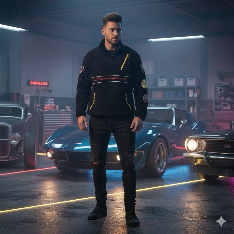 Pulôver de lã vintage CHEMISTRY preto corveta remendos de corrida zíperes amarelos G - Imagem 1 de 4