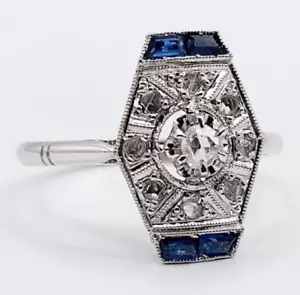 Anillo marquesa art deco oro blanco 18k diamante talla rosa zafiro calibrados... - Imagen 1 de 9