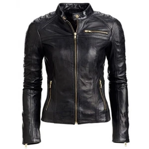Black Women's Slim Fit Biker Style Real Leather Jacket  - Picture 1 of 3