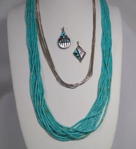 Lote de Collar con Incrustación de Plata Coral Turquesa Zuni Fenton Luna 10 Hebras Liqd Heishi - Imagen 1 de 22