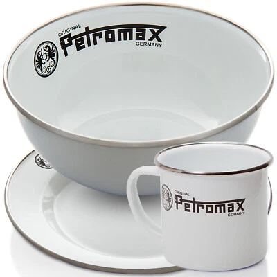 Emaille Petromax Becher Teller Schüssel Camping Outdoor Geschirr Kaffee weiß TOP - Bild 1 von 4