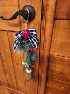 Christmas Bells for Decoration Rustic Cow Bells set of 3, Plaid Bow & Garland - Picture 1 of 6
