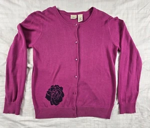 LL Bean Girl’s Pink Long Sleeve Embroidered Rose Cardigan Sweater XL - Picture 1 of 8