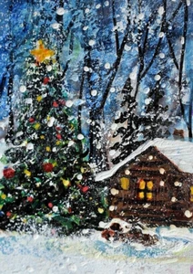 ACEO Original Winter CABIN Pine Tree PAINTING Snow Holiday XMAS Landscape ART - Picture 1 of 1