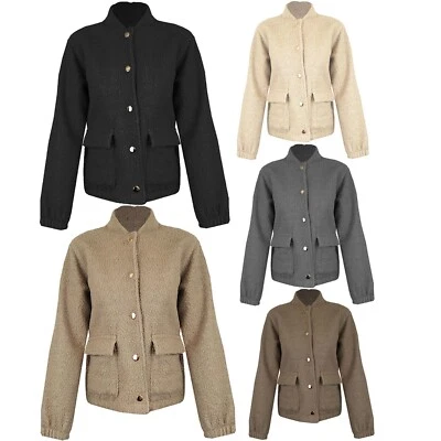 Womens Ladies Front Button Cardigan Short Wool Loose Fit Coat Jacket Blazer Top - Image 1 of 4