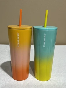 Starbucks 24oz 2024 Orange Ombre Tumbler With Straw/ 24oz 2021 Ombre Yellow Teal - Picture 1 of 20
