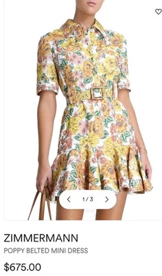 Zimmermann Dress Size 1 AU 10 /US 6 Poppy Belted Mini Yellow Floral 100% Linen - image 1 of 4