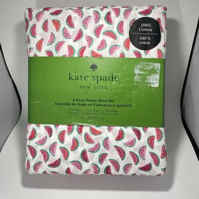 Kate Spade 4 PC Queen Bed Sheet Set COLORFUL Watermelon Slices WHITE COTTON NEW - Image 1 of 4