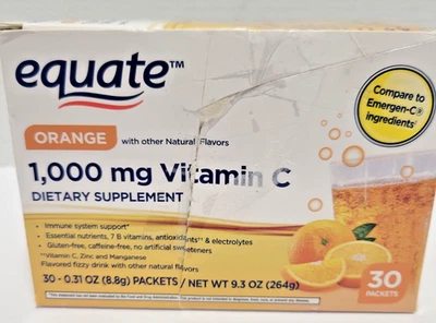 Equate Vitamina C Naranja Polvo Apoyo Inmunológico 1000mg, 30 Paquetes Caja Dañada Foto 1 de 2