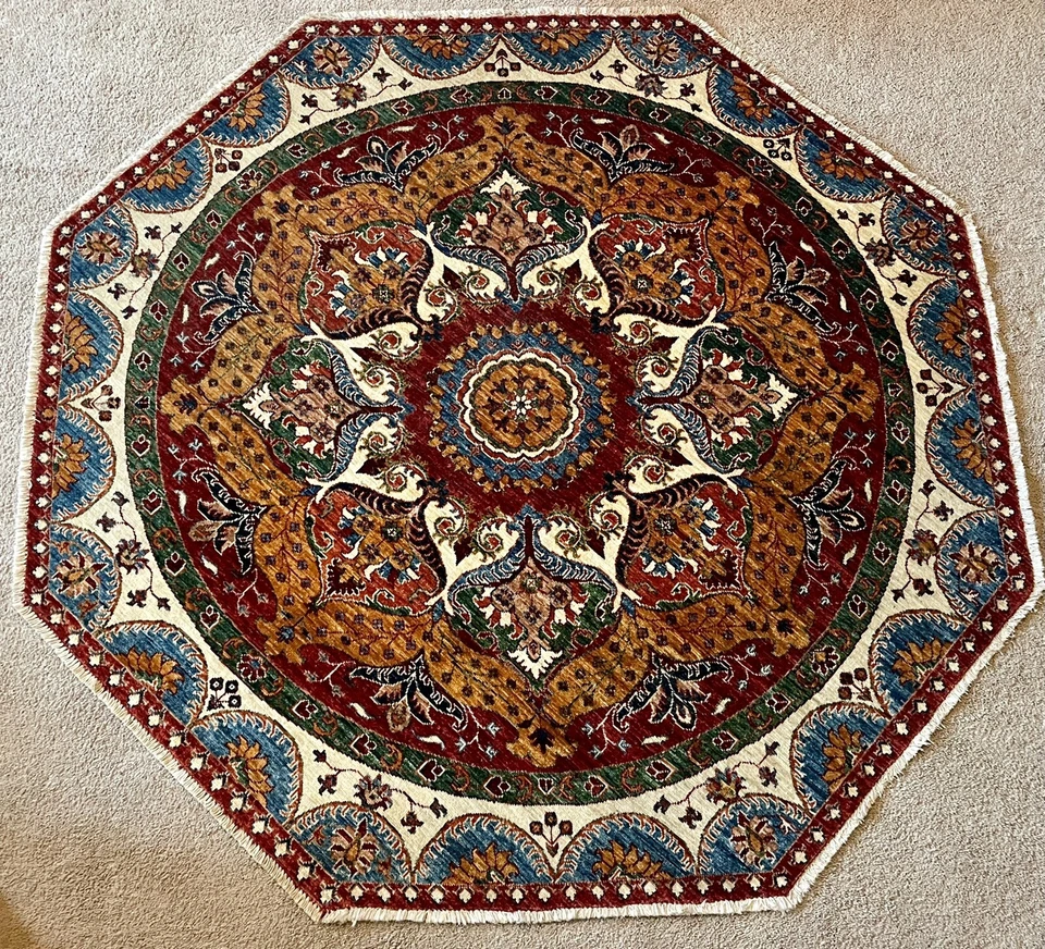 Geometric Round Super Choobi Oriental Rug Wool hand-knotted 5’7”x5’10” Carpet - Image 1 of 4