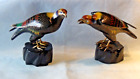 PAIR ANTIQUE CHINESE BRONZE CLOISONNE ENAMELED EAGLES STATUES ON  WOOD STANDS