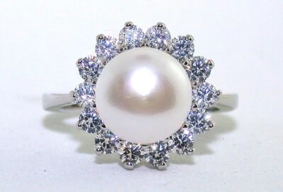 10mm Round FW Pearl CZ Accents Custom Casted 14Kt WG Sterling Ring Sz 8 EBS2361 - Image 1 of 3