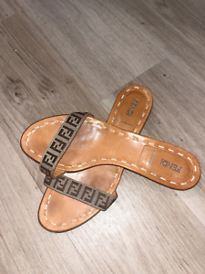  Fendi Canvas Buckle Leather Sandal Slides 37