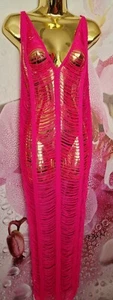 Crochet Knit Laddered Maxi Dress Kaftan Beach Cover Up Fuchsia Pink S M Uk 8 10 - Picture 1 of 4