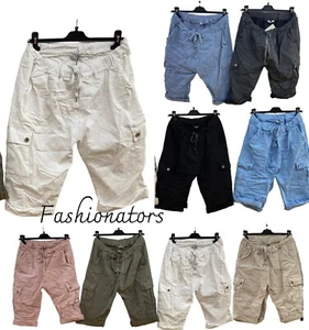 WOMENS ITALIAN COMBAT CARGO STRETCH SHORTS PLAIN MAGIC COMFY LAGENLOOK HOT PANTS - Picture 1 of 20
