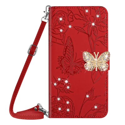 Crossbody Diamond Butterfly Card Wallet Stand Phone Case For Xiaomi OPPO MOTO - Image 1 of 4