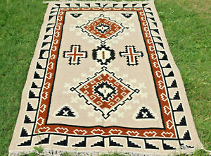 Large Wool Kilim Navajo Southwestern Bohemian Brown Beige Rug 5'x8' Handmade Rug