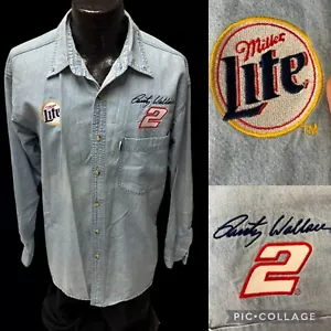 Vtg 90's MILLER LITE Nascar Racing RUSTY WALLACE #2 Cotton Denim LS Shirt L - Picture 1 of 13