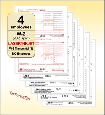 DELUXE 2025 IRS Tax Form W-2 Wage Stmts LASER for 4 employees +(1) W-3 #TF5650, NO Env