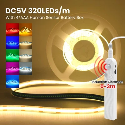 PIR Motion Sensor COB LED Strip Light Battery Powered Stairs Cabinet Closet 5V - Image 1 of 4