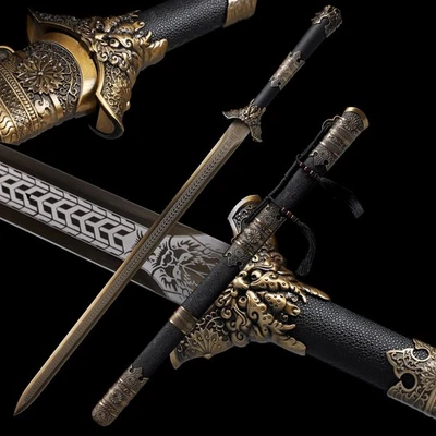 42" Chinese Han Dynasty Jian Kung Fu Double Edged Sword Carbon Steel Gold Blade - Image 1 of 4