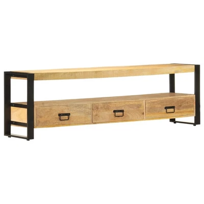 TV Stand Natural Wood, Black Solid Mango Wood, Powder-Coated Steel - Image 1 of 4