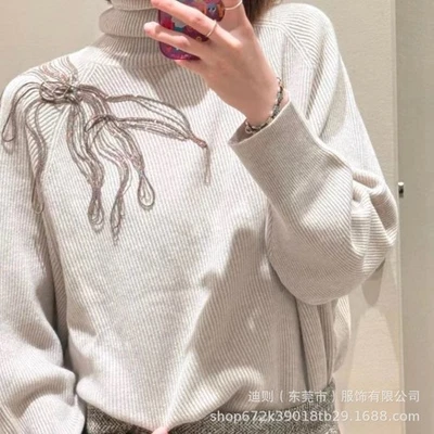 Brunello Cucinelli Mujer Nuevo Semi-cuello Tortuga Cuentas Lana Pullover Tejido Suéter Foto 1 de 4