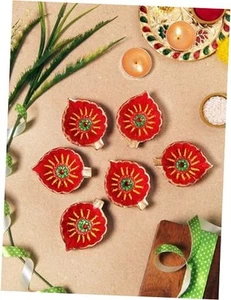 Premium Handmade Terracoaat Set of 6 Red Leaf Clay Diya for Diwali/Navratri - Picture 1 of 5