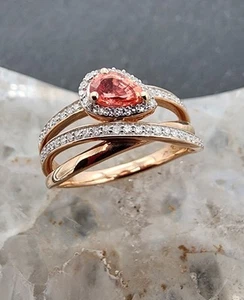 14k .585 Rose Gold Peach Sapphire Pear w Diamonds Crossover Sz 7 Ring Au 25157 - Picture 1 of 10